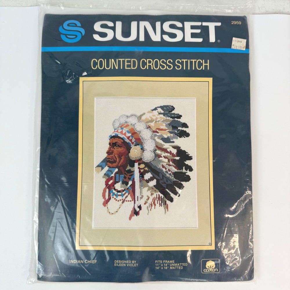 Sunset Counted Cross Stitch Kit 11x14 Indian Chief 2959 Eileen Violet Vintage